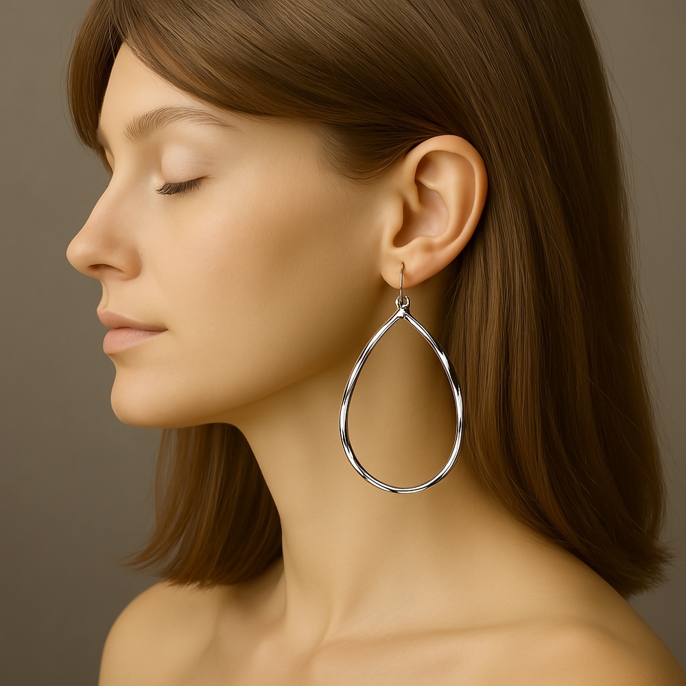 Textured Teardrop Hoop Earrings – Silver Dainty Women's Fashion Jewelry 2"x1.25"